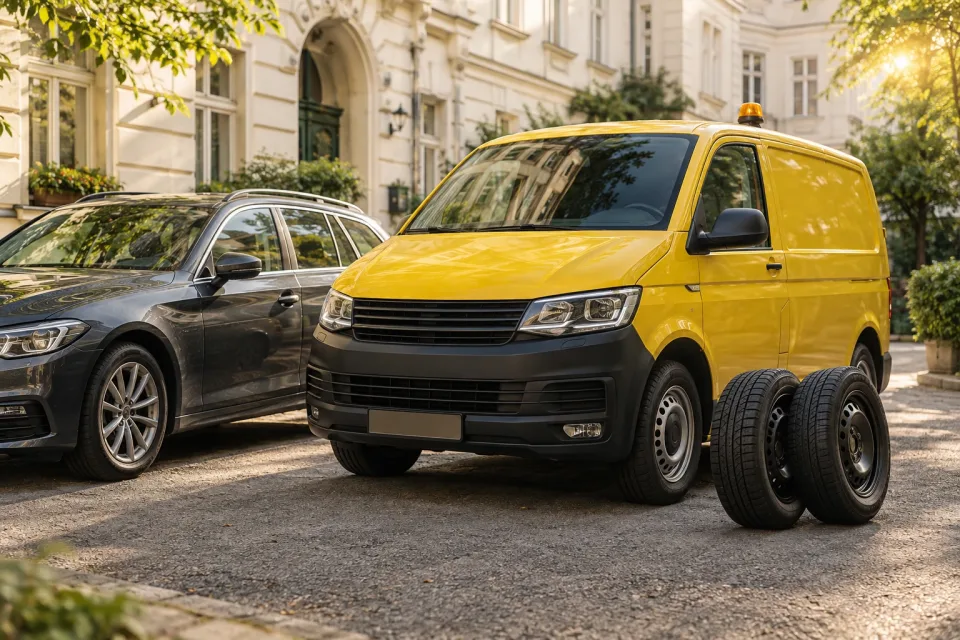 Symbolbild: ein gelber Servicebus neben einem geparkten Auto in einem Wiener Innenhof.
